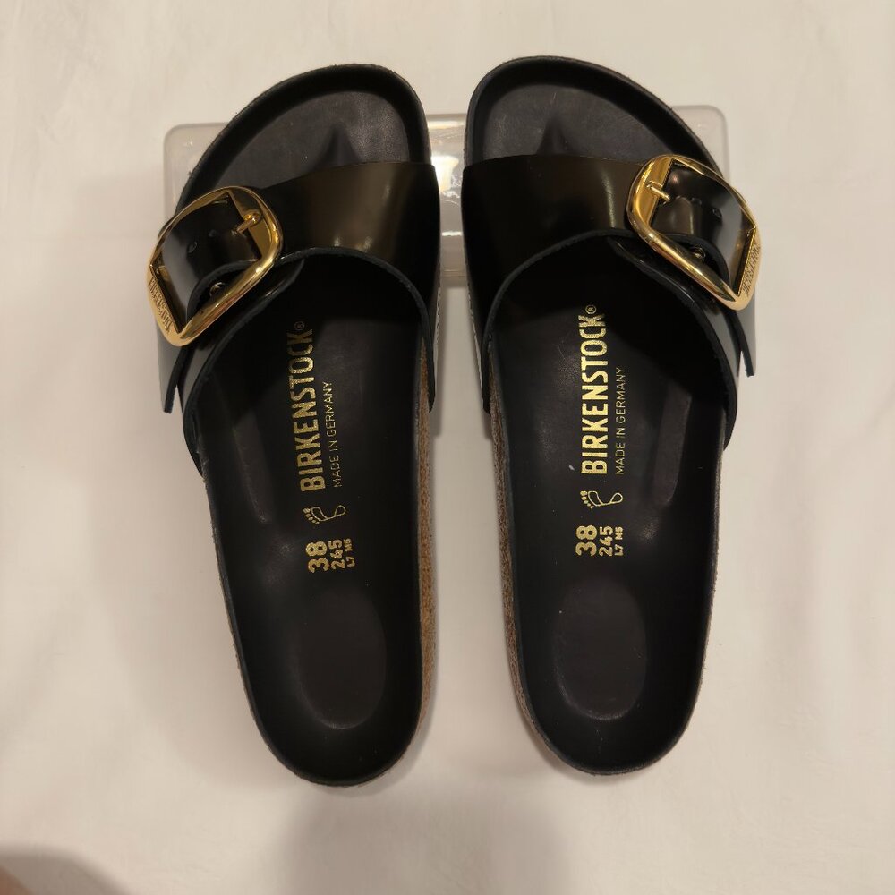 Madrid Birkenstocks, Black, Big Buckle (gold buckle), High Shine
